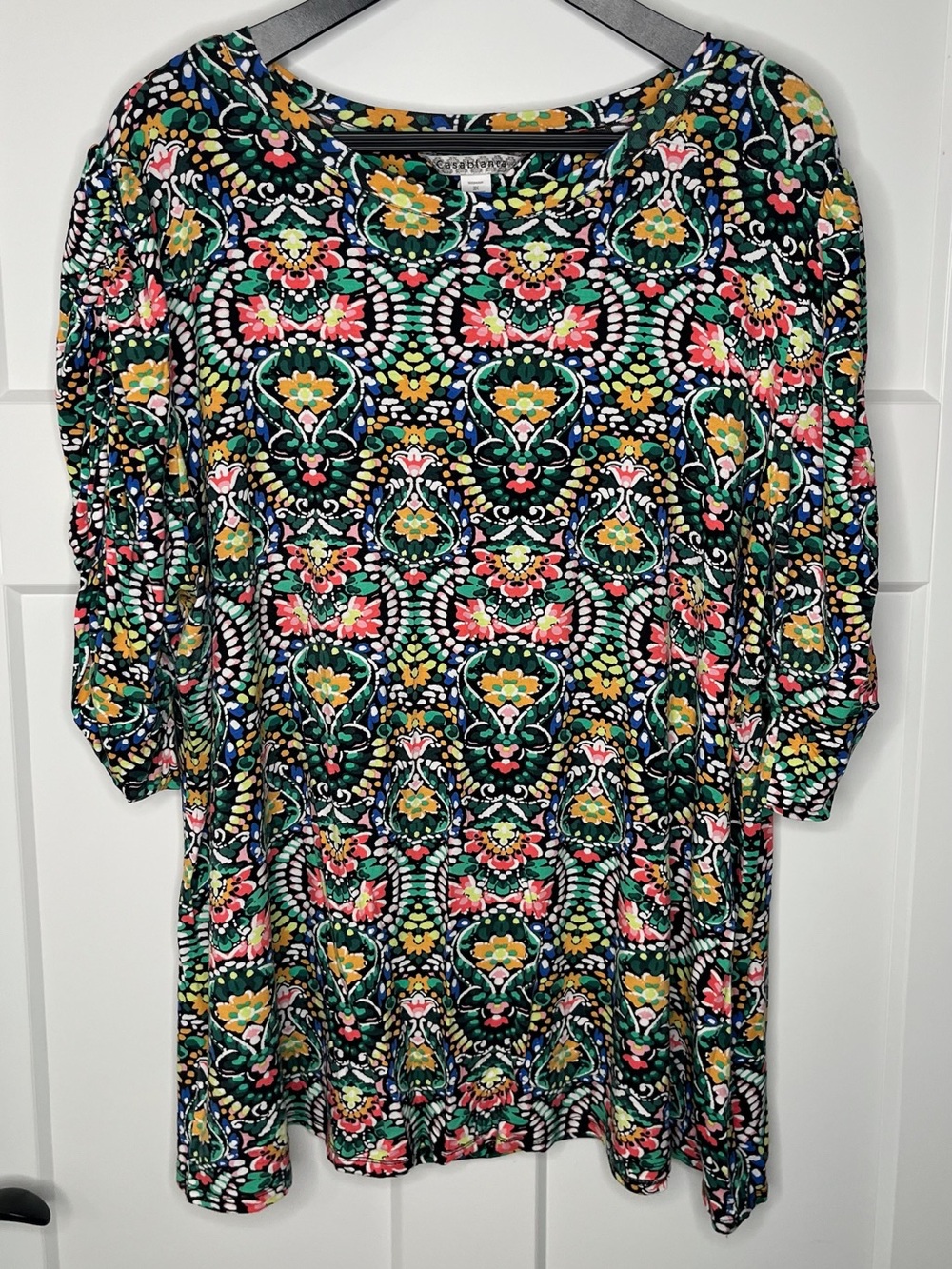 Casablanca Jersey Knit Jacobean Watercolor Ruched Sleeve Top Plus Size 3X